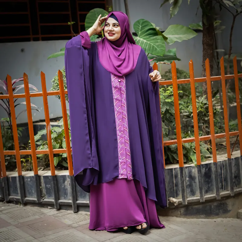 Gorgeous Floral Design Thread Embroidery on Shrug Kaftan Dark Violet