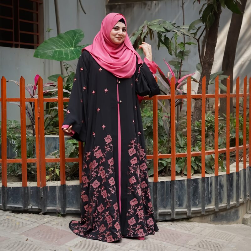Eid Special Luxury Kimono with Black with Pink Floral Accents Taifa