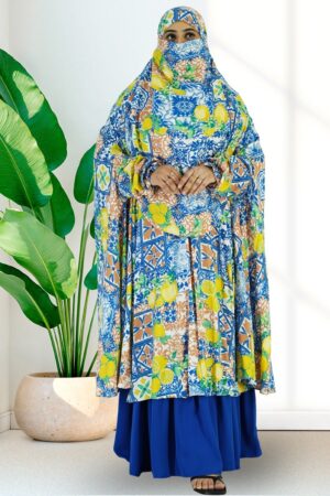 Multicolor printed Semi long Khimar & Skirt Set displayed on a model