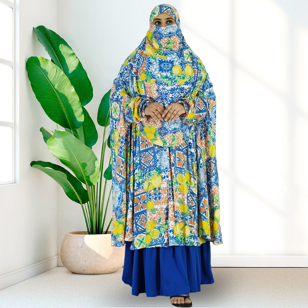 Multicolor printed Semi long Khimar & Skirt Set displayed on a model