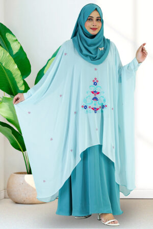 SANIYA- Sky Blue Luxury Cape Set with Elegant Embroidery