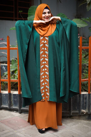 Gorgeous Floral Design Thread Embroidery on Shrug Kaftan Bottle Green