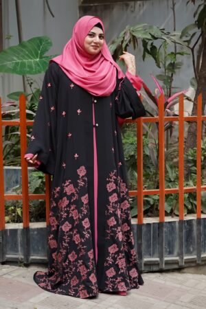 Eid Special Luxury Kimono with Black with Pink Floral Accents Taifa