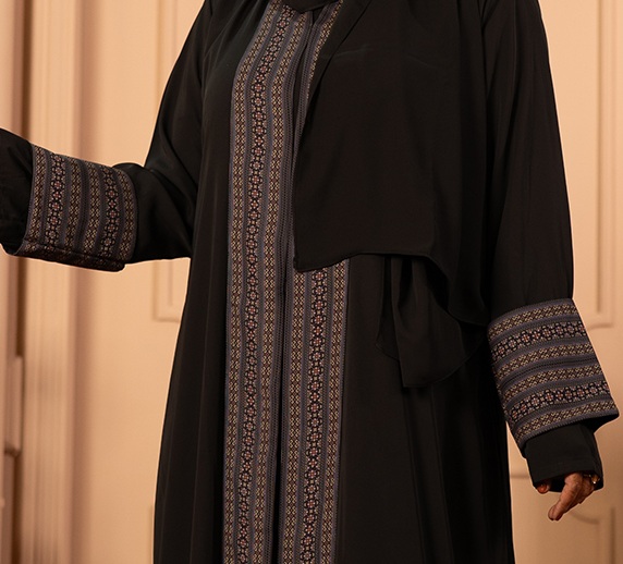 Hana Premium Dubai Cherry Embroidered Abaya Black with Coffee - Image 2