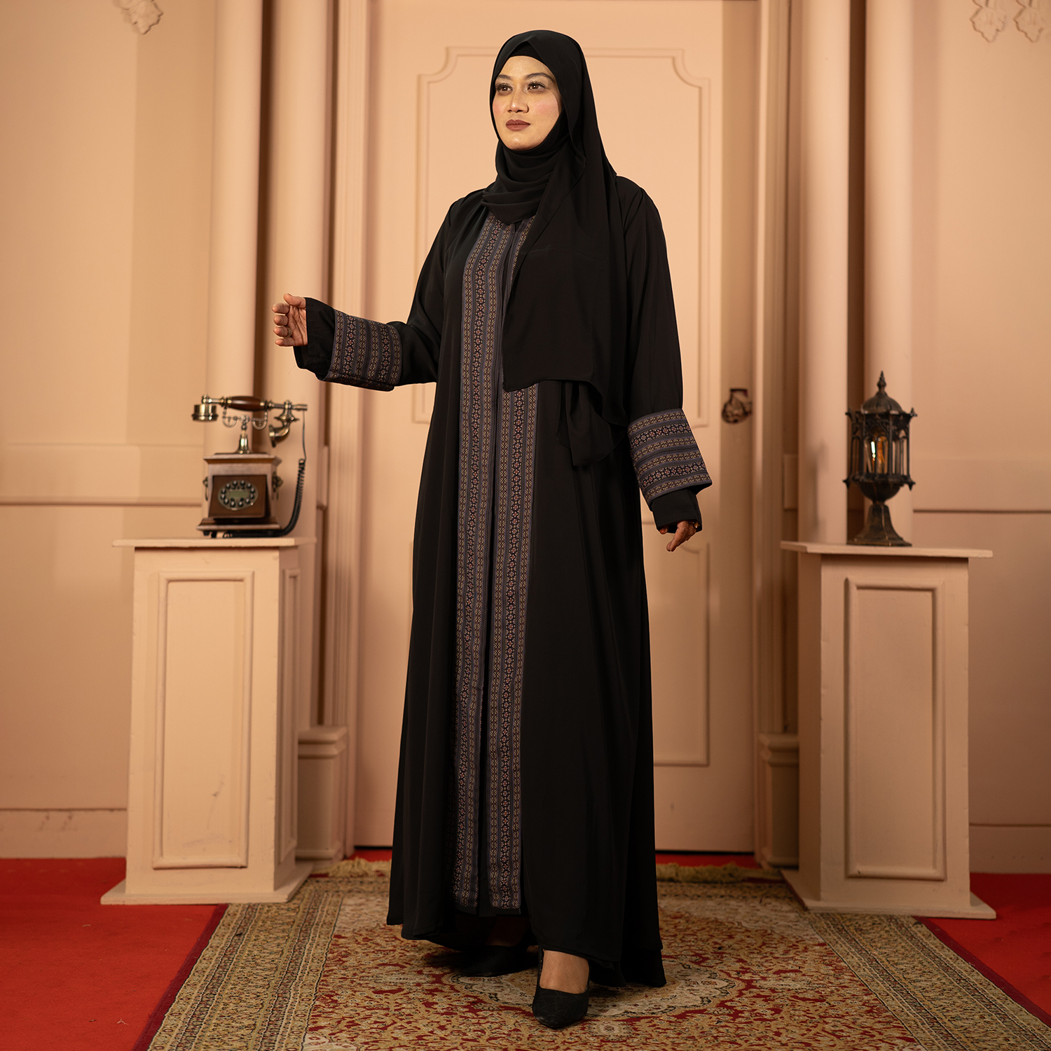 Hana Premium Dubai Cherry Embroidered Abaya Black with Coffee