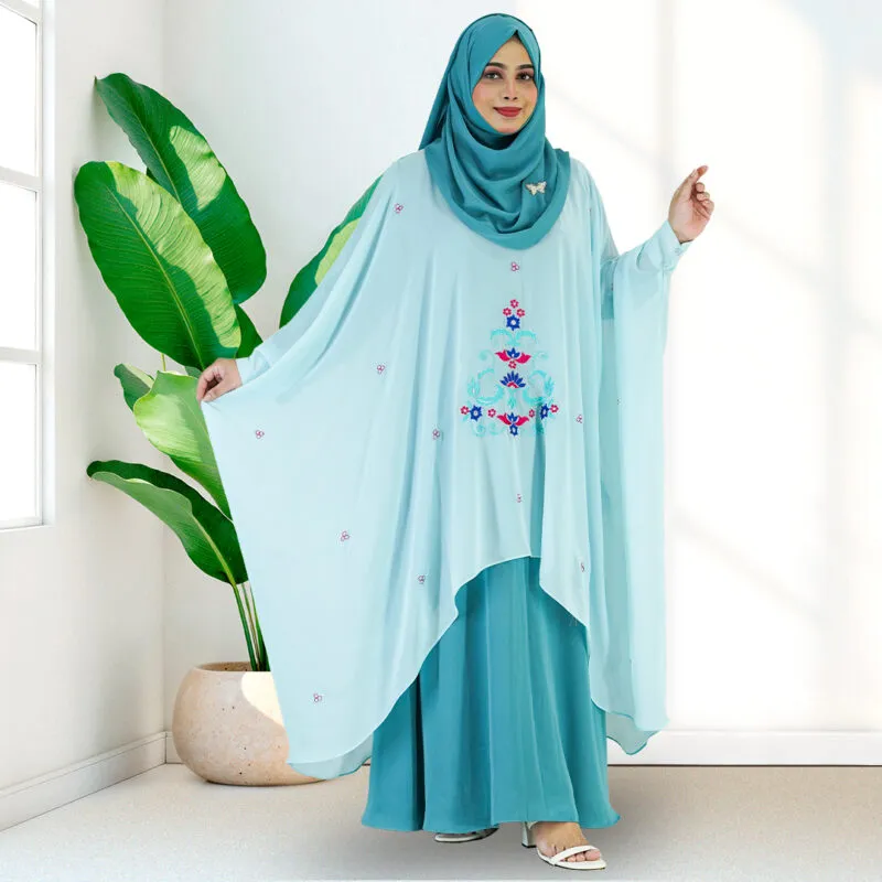 SANIYA- Sky Blue Luxury Cape Set with Elegant Embroidery